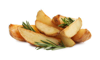 Tasty baked potato wedges with rosemary on white background