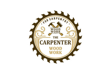 Woodwork logo circular saw hammer icon symbol carpentry design handyman lumberjack work