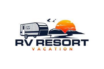 Fototapeta premium RV logo recreational vehicle design river lake sunset emblem badge style holiday vacation trailer transportation
