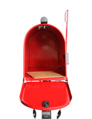 Open red letter box with correspondence on white background