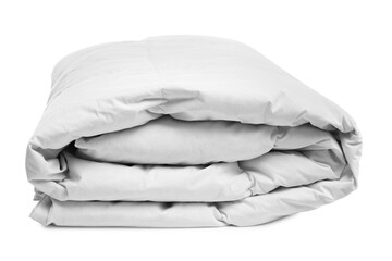 Folded soft blanket on white background. Household textile
