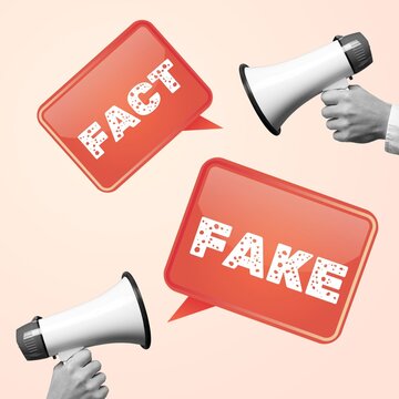 Contemporary art collage. Human hands holding megaphones and spreading fake news. Messages bubbles. Concept of information, creativity, social issues, rumors.