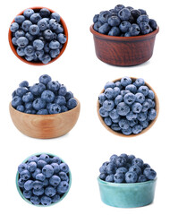 Set with tasty fresh ripe blueberries on white background