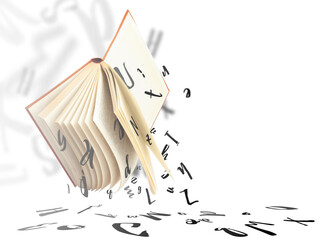 Flying open book with letters on white background, space for text. Dyslexia concept - obrazy, fototapety, plakaty
