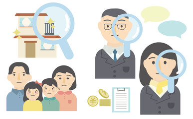 中古物件の仲介・不動産・リノベーションの見積もりのフラットイラスト素材セット