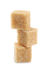 Stack with cubes of brown sugar on white background