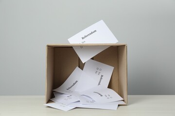 Referendum ballot in box on table against light grey background