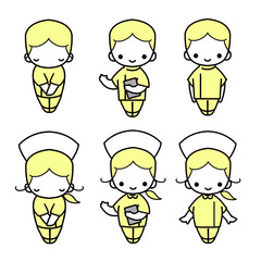 男女看護師セット黄色　挨拶、案内、笑顔