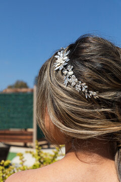 closeup of a bride's hair arrangement with a tiara