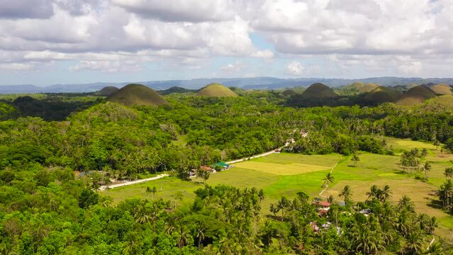 Famous Chocolate Hills natural landmark, Bohol island, Philippines. Hills among farmlands.