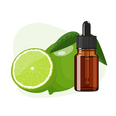 Lime essential oil in brown glass bottle, herbal alternative medicine treatment product, vector Illustration on white background