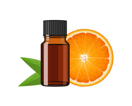 Orange essential oil in brown glass bottle, herbal alternative medicine treatment product, vector Illustration on white background