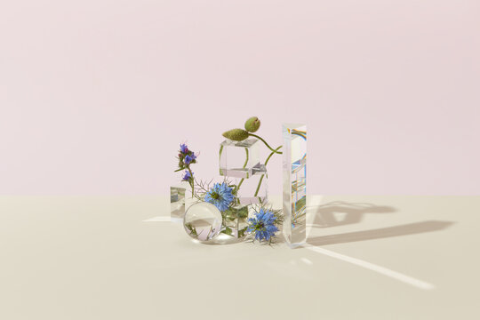 Poppy, love-in-a-mist flower and geometric glass figures.