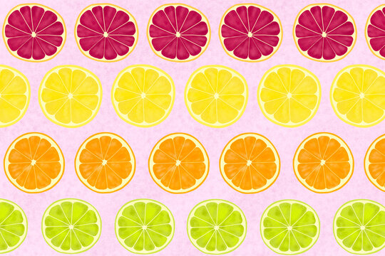 Repeating pattern of summer citrus on pink background, illustration