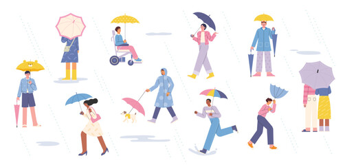 Many people on the street with umbrellas on a rainy day. flat design style vector illustration.