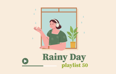 A girl is leaning against the window, listening to music and feeling the raindrops with her hands. emotional concepts. flat design style vector illustration.