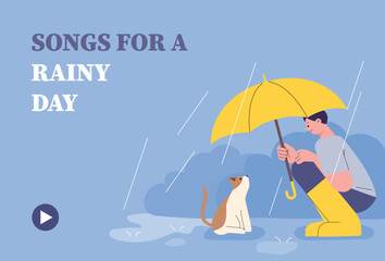 A man is putting an umbrella on a cat on the road on a rainy day. Cute and emotional concept. flat design style vector illustration.