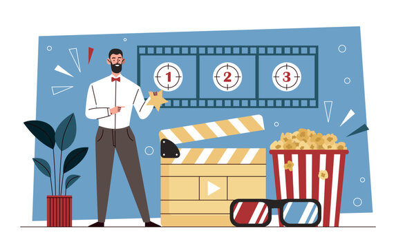 Critic with popcorn. Man evaluates films, character watches movie in cinema to write review. Popular personality forms his opinion, art critic or talented director. Cartoon flat vector illustration