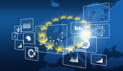 Growth chart against the background of the EU flag. Profit growth, infographics. trading and financial markets