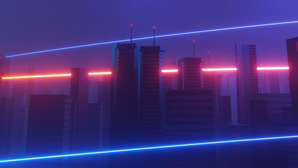 Obraz premium 3d render of Cyber night mega city landscape scene. Light glowing and reflection on dark tech scene. Night life. Technology network for 5g. Beyond futuristic of Sci-Fi Capital city and building scene.