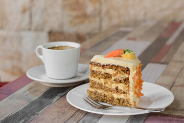 Delicious cake and cup of hot coffee on wooden table