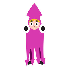 Blonde boy in Pink squid costume for Halloween vector illustration. Cartoon happy kid in octopus costume isolated on white. Hand-drawn seafood mascot cartoon vector illustration