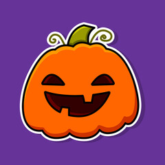 Sticker of an orange pumpkin on a purple background. Halloween image. Vector illustration.