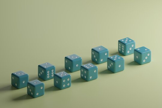 Dice 3d objects isolated on a green background.