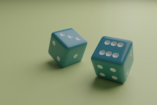 Dice 3d objects isolated on a green background.