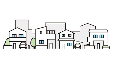 戸建て住宅と街並みのイラスト素材。