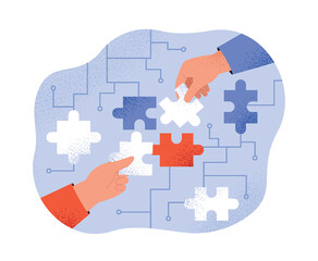 Soft skills concept. Hands put together puzzles, partnership and teamwork. Creative characters overcome mental impasse, creative personalities and brainstorming. Cartoon flat vector illustration