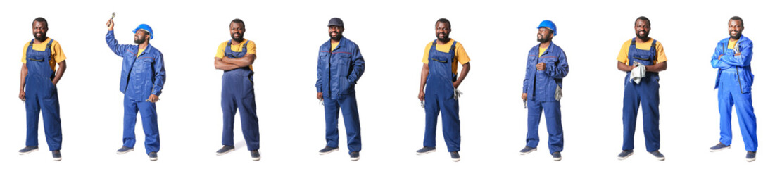 Set of African-American car mechanic isolated on white