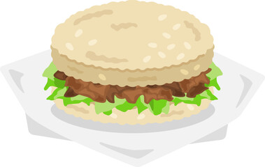包み紙を開けた、焼き肉ライスバーガーのイラスト
