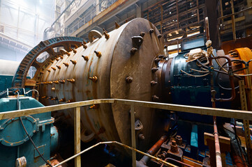 Ball mill grinds ore at mining and concentrating plant - obrazy, fototapety, plakaty