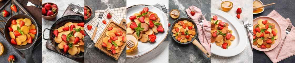 Collage with sweet mini pancakes and strawberry