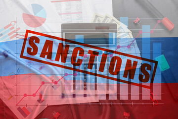 Double exposure of money, calculator, documents and Russian flag. Concept of Ukraine-Russia-related sanctions
