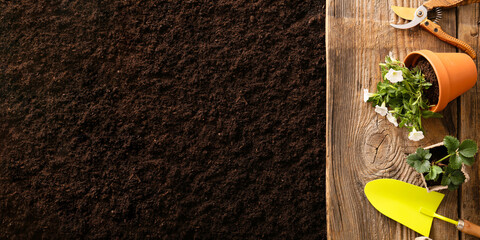 Set of gardening tools outdoors, top view