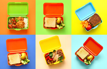 Collage of lunch boxes with healthy food on color background, top view