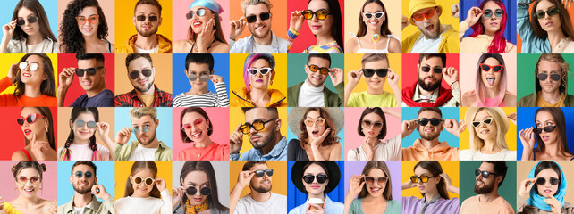 Group of different people in stylish sunglasses on color background