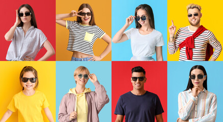 Collage of different people in stylish sunglasses on color background