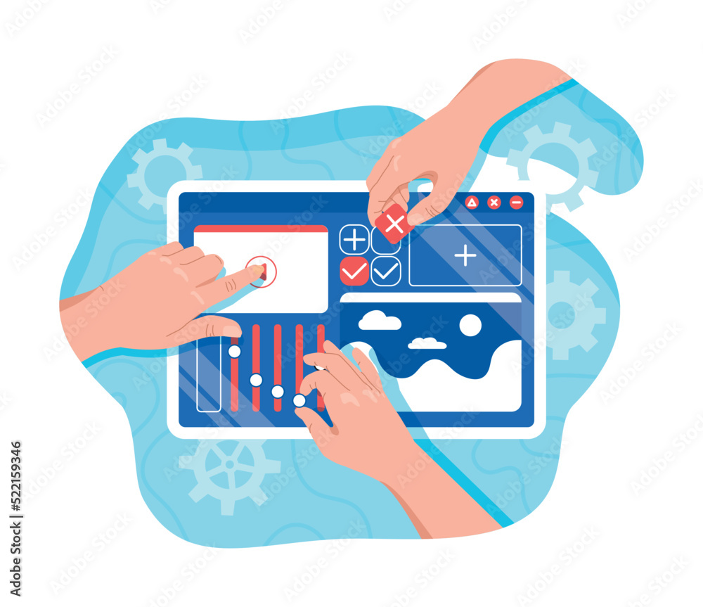 Poster ui ux design. hands select graphic elements for website. tablet settings. graphic designer and progr