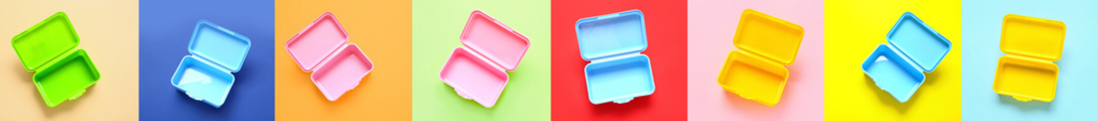 Set of empty lunch boxes on color background, top view