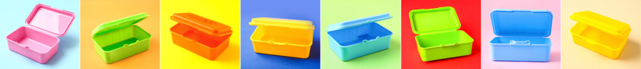 Set of empty lunch boxes on color background