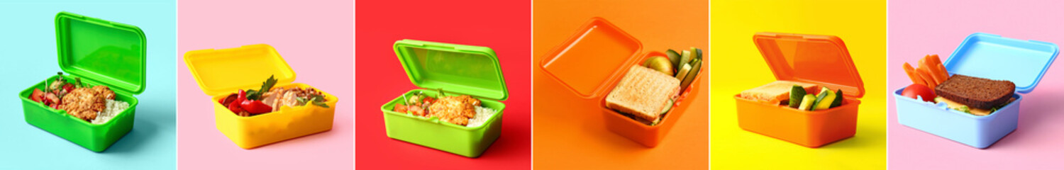 Set of lunch boxes with tasty food on color background