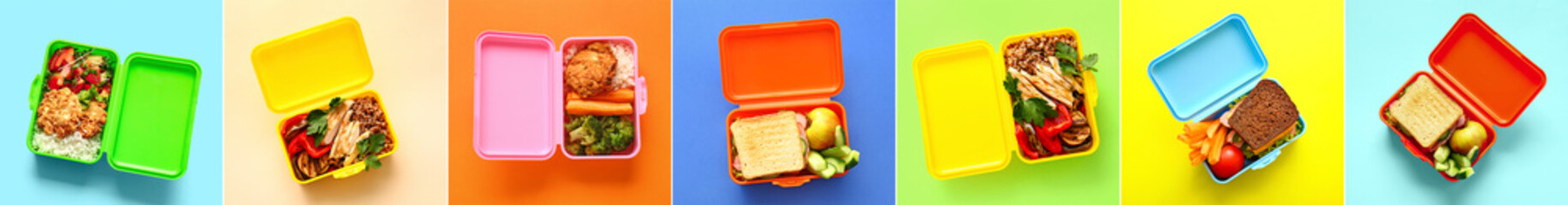 Set of lunch boxes with tasty food on color background, top view