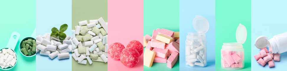 Collage with different chewing gums on color background