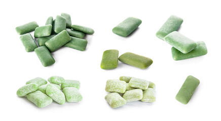 Set of green chewing gums isolated on white - obrazy, fototapety, plakaty