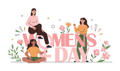 Womens day concept. Design for greeting and invitation cards. Spring traditional holidays, roast or surprise. Girls among flowers. Strong and brave female characters. Cartoon flat vector illustration
