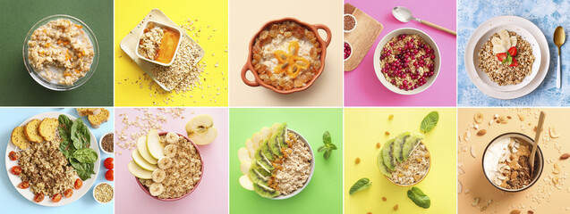 Collage of tasty oatmeal on color background, top view