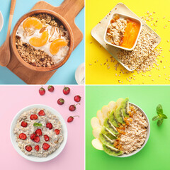 Collage of bowls with sweet oatmeal on color background, top view